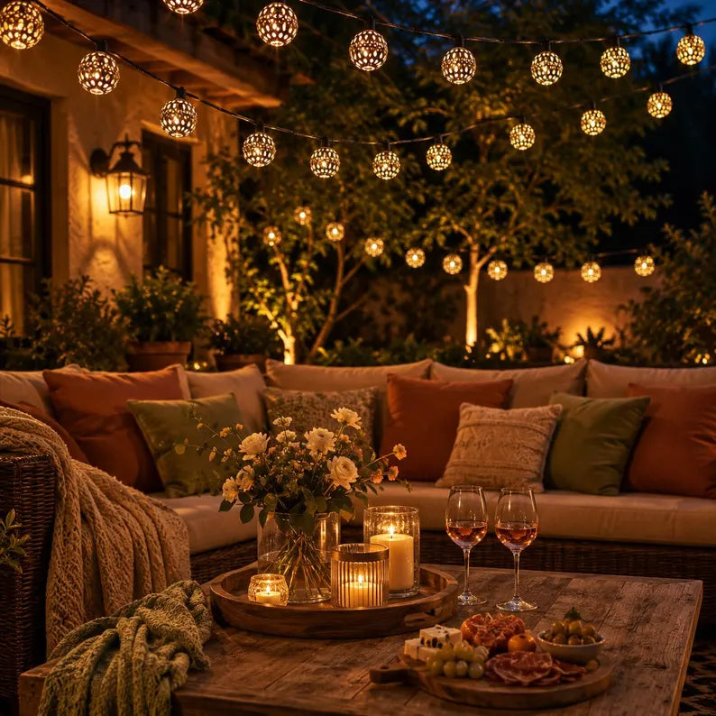 Solárne LED marocké reťazové svetlá, vodotesné záhradné, vonkajšie, svadobné, halloweenske, párty, prízvuk 50 30 20 LED guľa